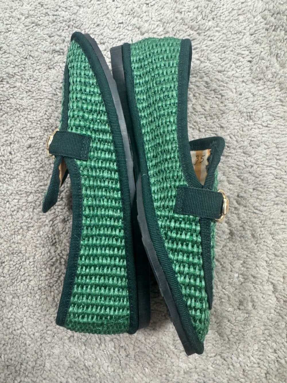 Artigiano Italy Womens Green Loafers Sz 35 Gold Horsebit Handmade Knit Textured - Picture 9 of 14